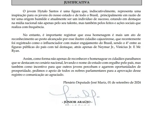 
				
					Na mira do MP, influenciador Hytalo Santos recebeu voto de aplausos da Assembleia
				
				