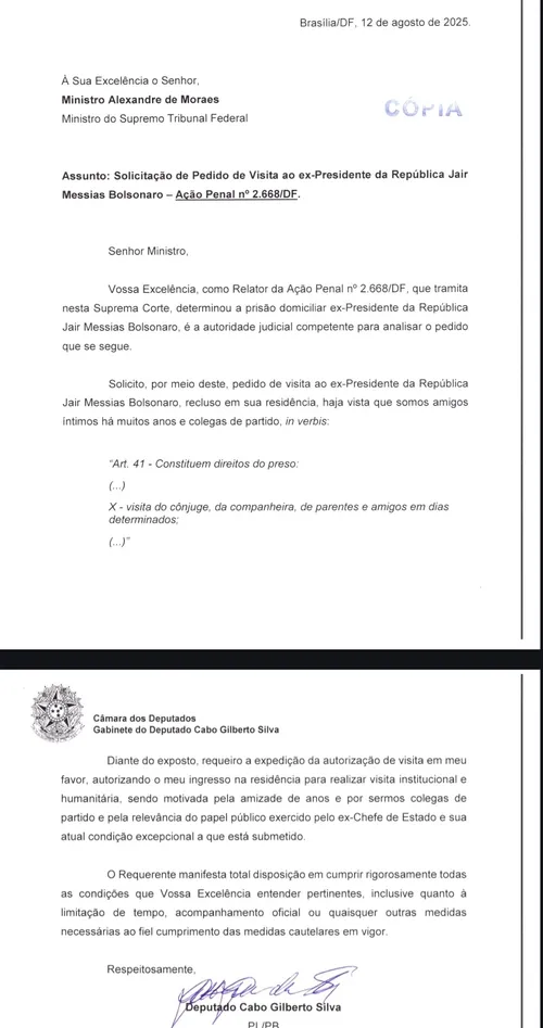 
				
					Cabo Gilberto pede permissão a Moraes para visitar Bolsonaro em prisão domiciliar
				
				