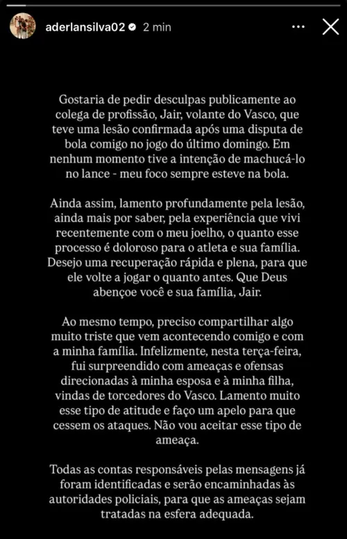 
				
					Aderlan, do Sport, pede desculpas a Jair, do Vasco, após lance que causou grave lesão
				
				